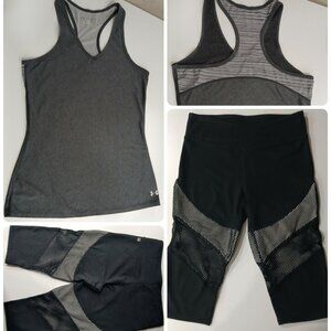 Under Armour Grey Tank Top with Fabletics Black Mesh Panel Capri ,Small , Bundle